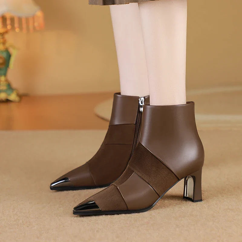 Bottine à talon marron foncé Cuir Femme - Bout pointu métallisé
