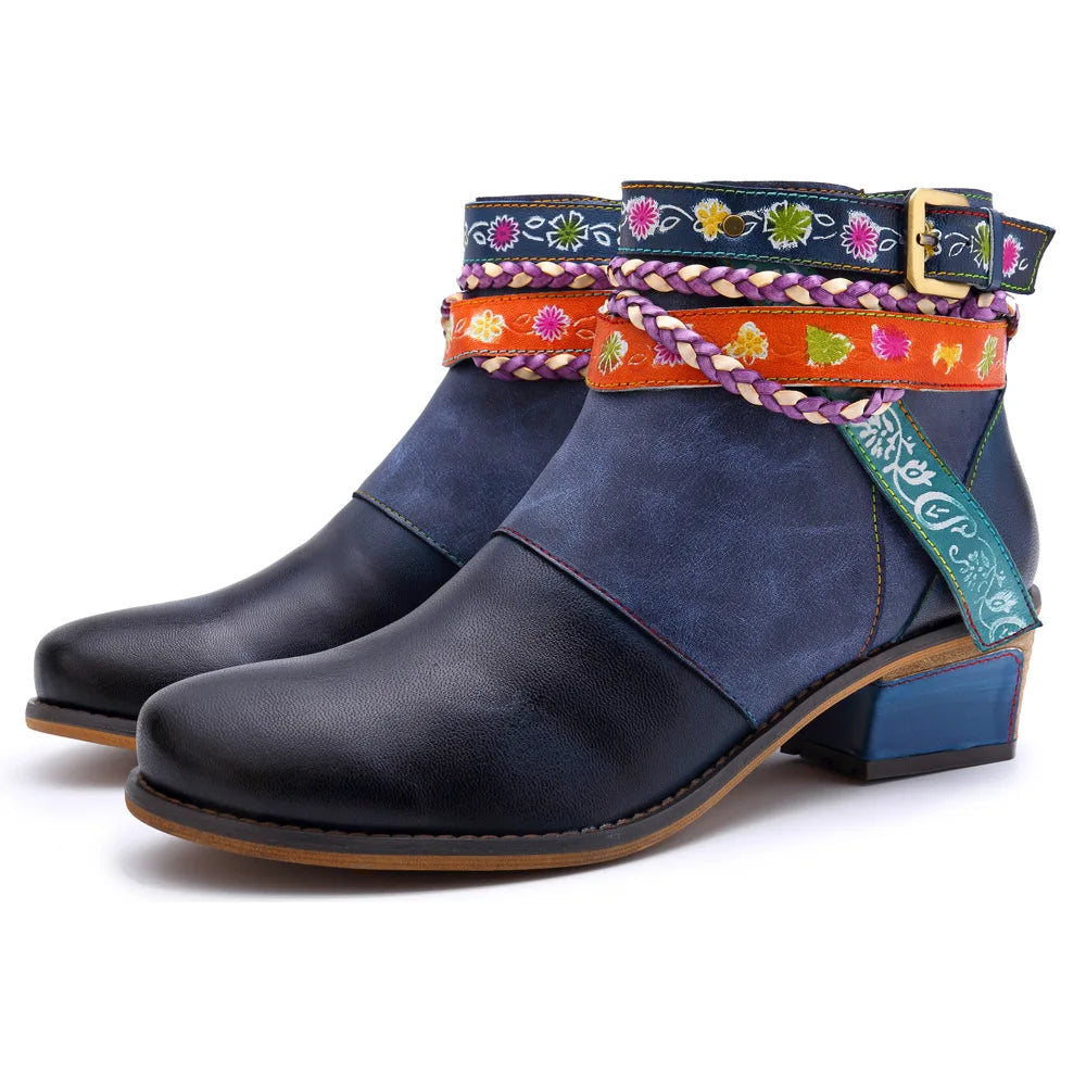 Santiag mi-haute bleu Cuir Femme - Broderies florales, sangles