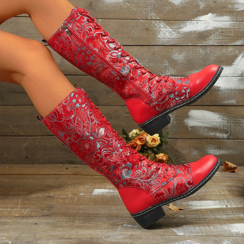 Botte haute rouge Simili Cuir Femme - Broderies western
