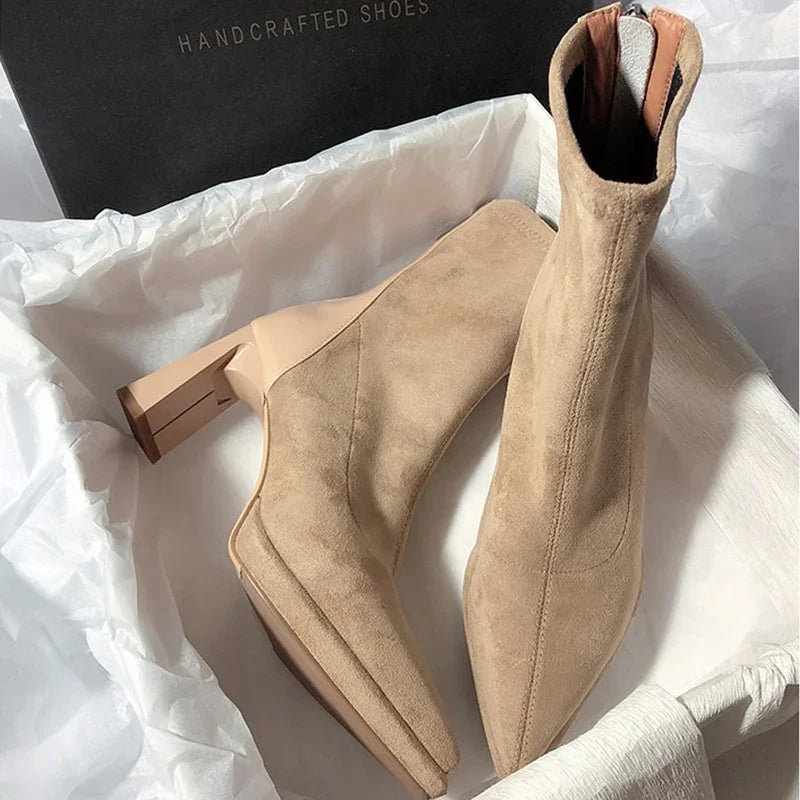 Bottine beige Daim Synthétique Femme - Talon carré