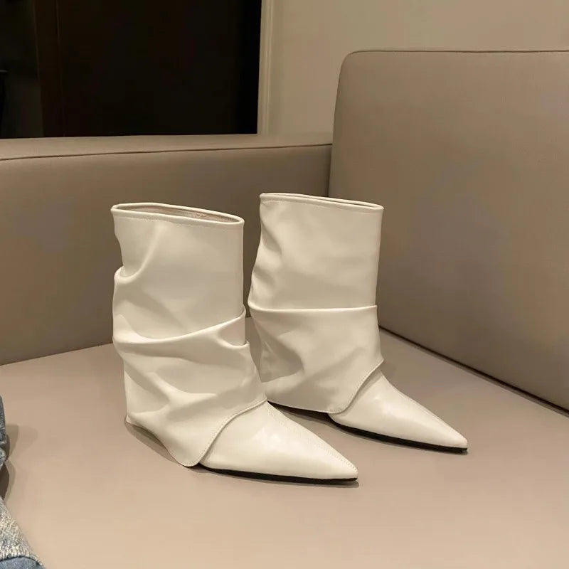 Botte haute blanc Synthétique Femme - Tige froncée, talon compensé