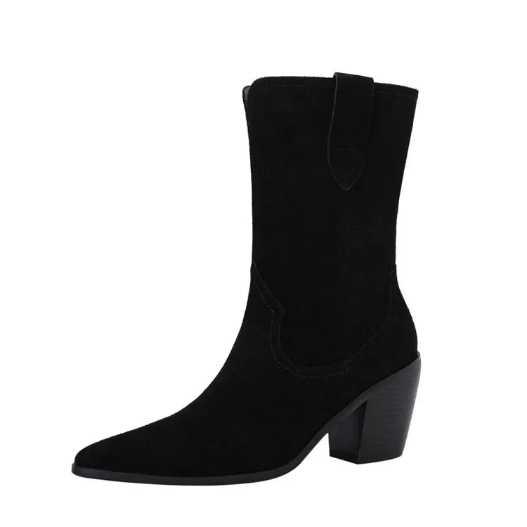 Santiag mi-haute noir Daim Femme - Bout pointu, coutures