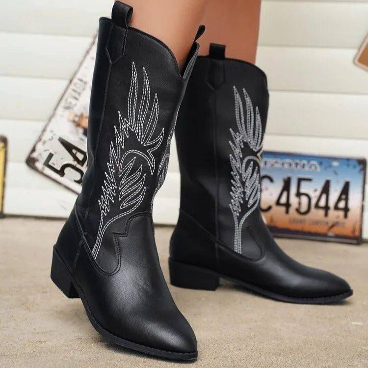 Santiag mi-haute noir Simili Cuir Femme - Broderies plume, coutures blanches