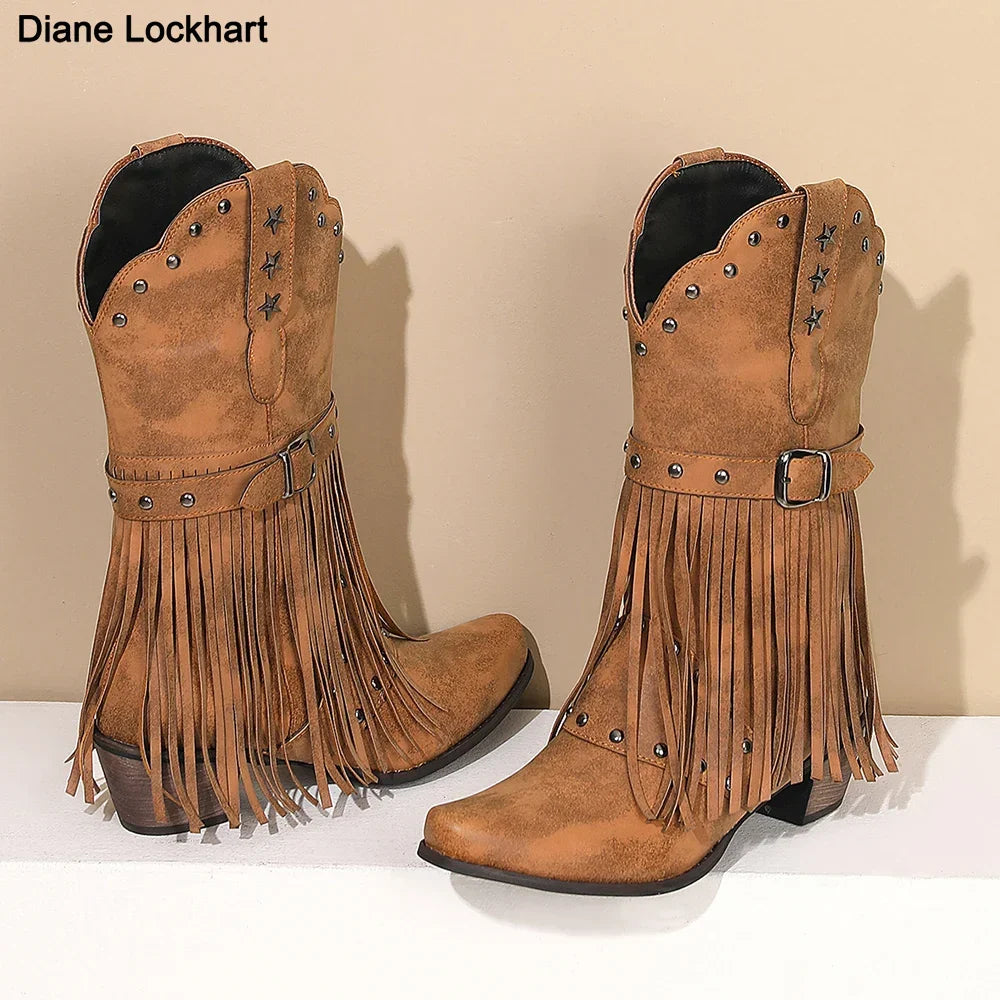 Santiag mi-haute camel Simili Cuir Femme - Franges, étoiles