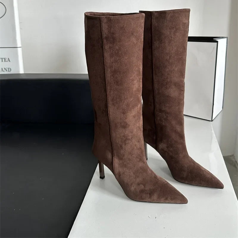 Botte haute marron Daim Femme - Bout pointu, talon aiguille