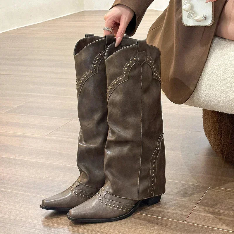Santiag haute marron foncé Simili Cuir Femme - Clous géométriques