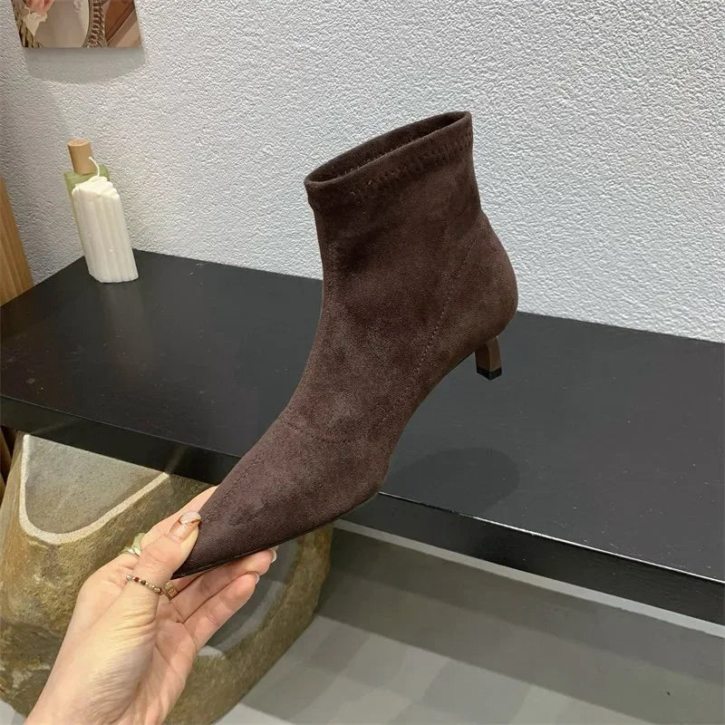 Bottine à talon marron foncé Daim Femme - Bout pointu
