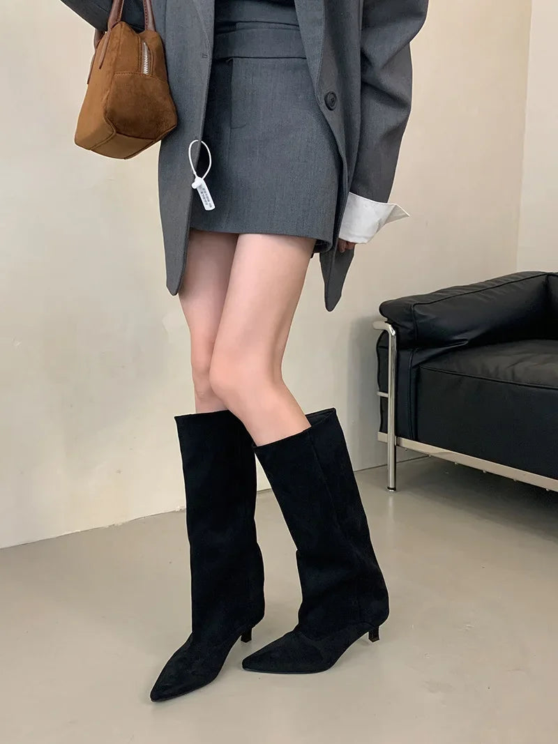 Botte haute noir Daim Synthétique Femme - Tige souple, talon kitten
