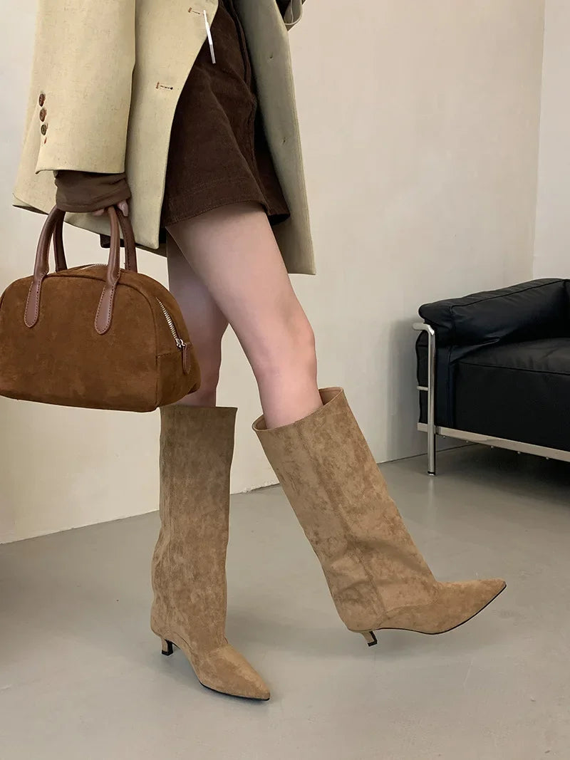 Botte haute marron clair Daim Synthétique Femme - Style cowboy