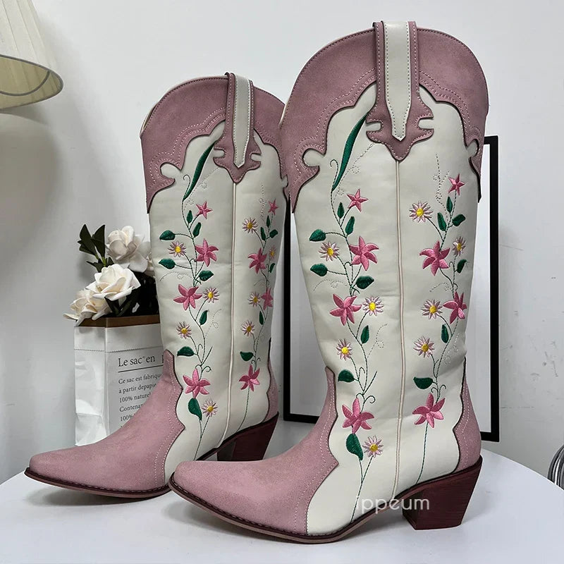 Santiag mi-haute blanc Simili Cuir Femme - Broderies florales colorées