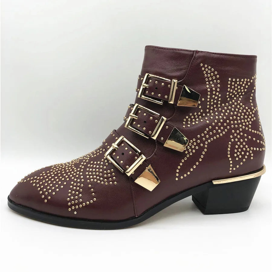 Santiag basse marron Cuir Femme - Boucles dorées, motifs géométriques