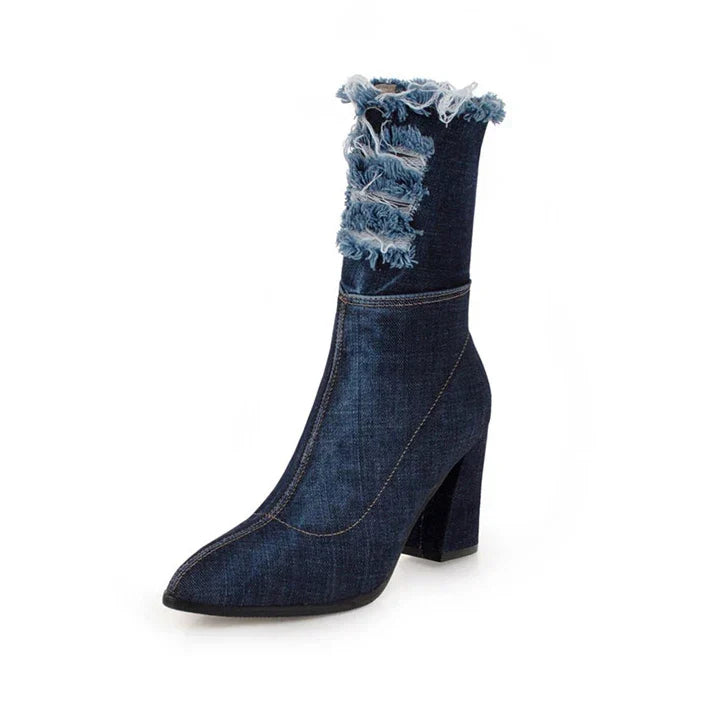 Botte haute bleu Synthétique Femme - Effet denim effiloché