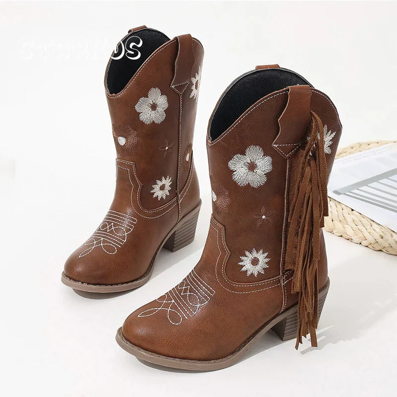 Santiag mi-haute marron Simili Cuir Fille - Broderies florales, franges