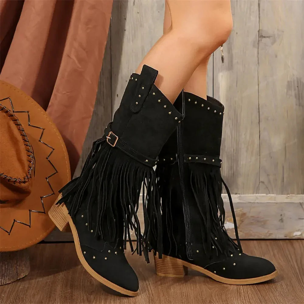 Santiag mi-haute noir Daim Femme - Franges longues, clous
