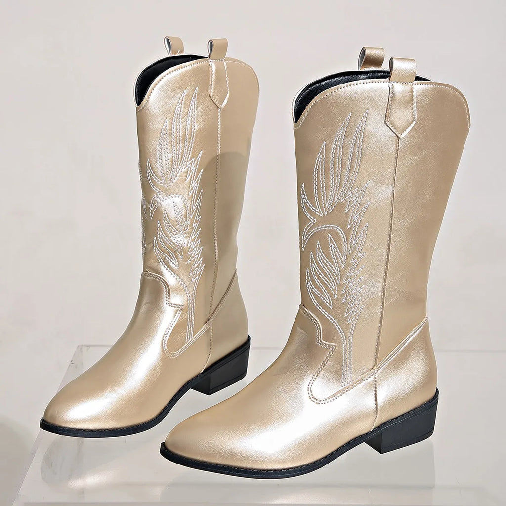 Santiag mi-haute doré Simili Cuir Femme - Broderies, style cowboy
