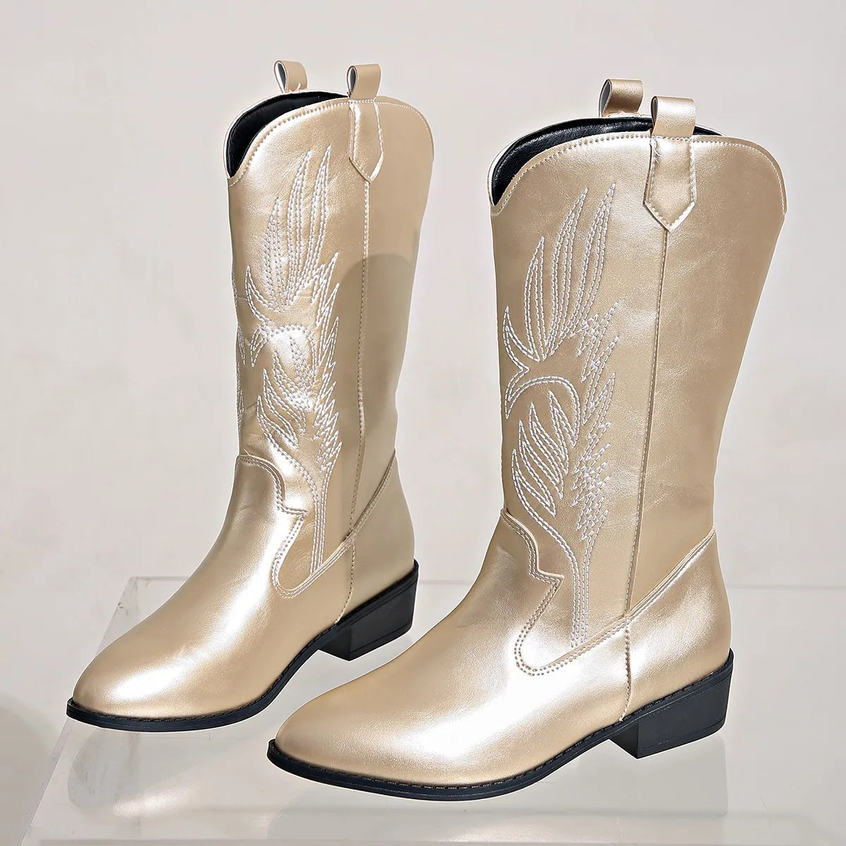 Santiag mi-haute doré Simili Cuir Femme - Broderies, style cowboy