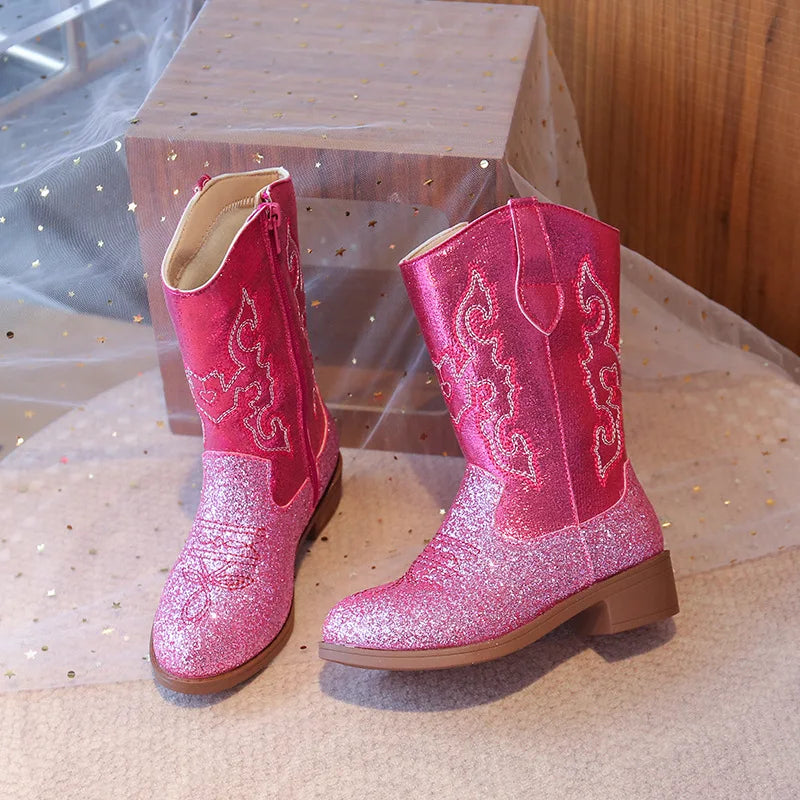 Santiag haute rose à paillettes Synthétique Fille - Broderies