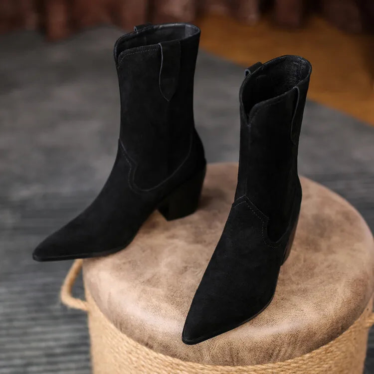 Santiag mi-haute noir Daim Femme - Bout pointu, coutures