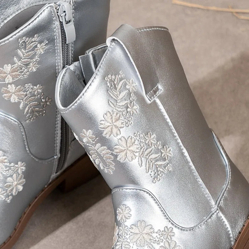 Santiag mi-haute argentée Simili Cuir Fille - Broderies argentées