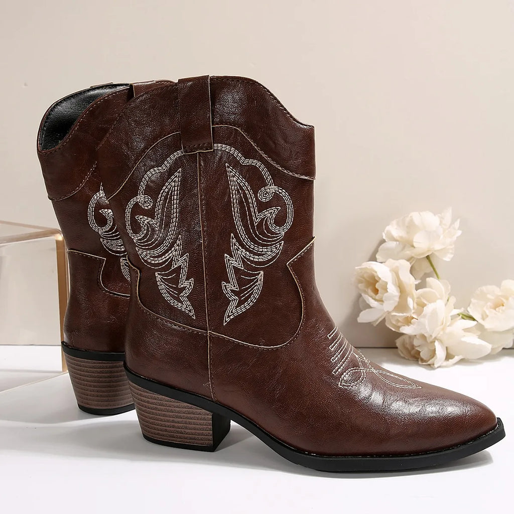 Santiag mi-haute marron Simili Cuir Femme - Broderies contrastées