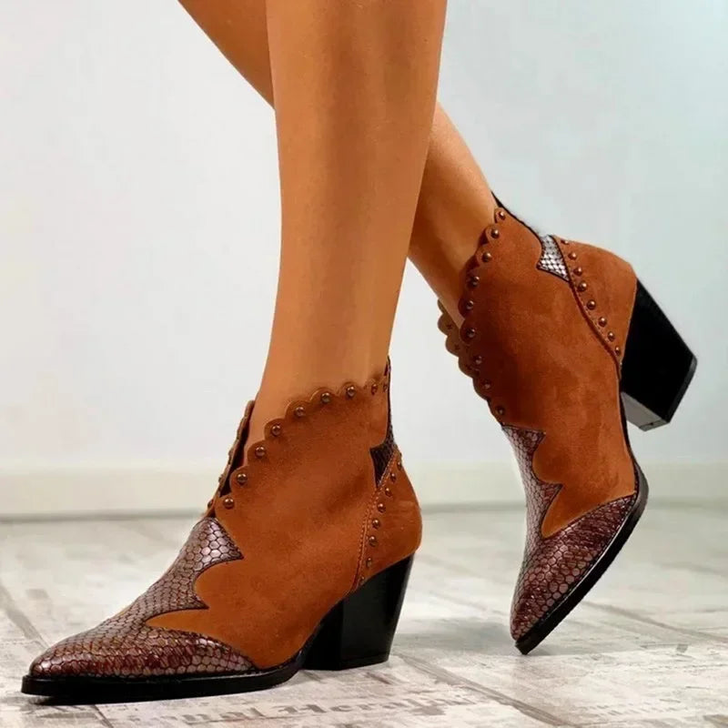 Santiag mi-haute marron Synthétique Femme - Bout pointu, motif python