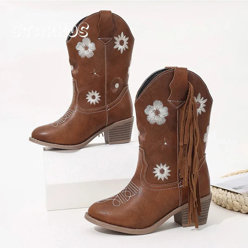 Santiag mi-haute marron Simili Cuir Fille - Broderies florales, franges