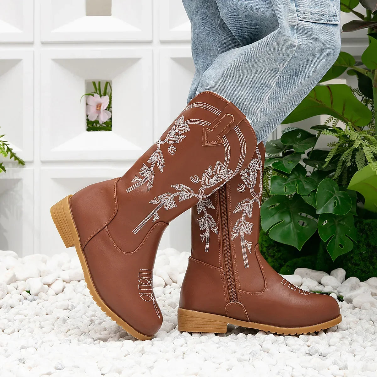 Santiag mi-haute marron Cuir Fille - Broderies florales