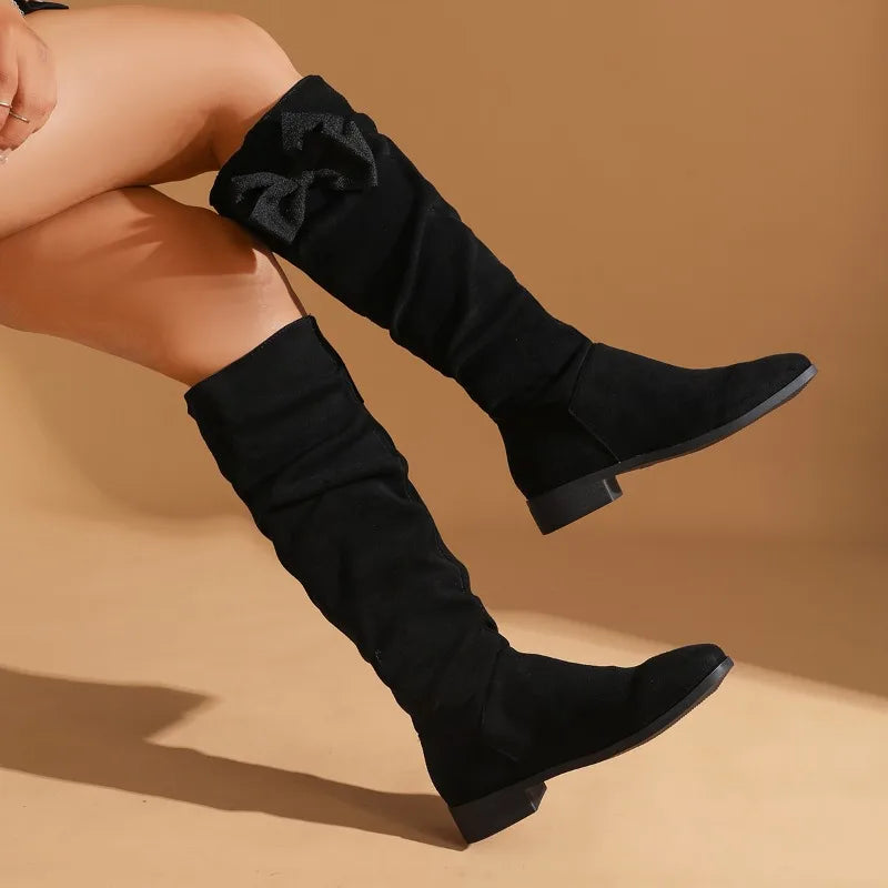 Santiag haute noir Daim Femme - Nœud papillon latéral