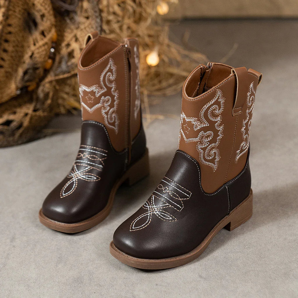 Santiag mi-haute marron foncé Simili Cuir Fille - Broderies western blanches