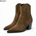Santiag mi-haute marron Daim Synthétique Femme - Talon cubain, bout pointu