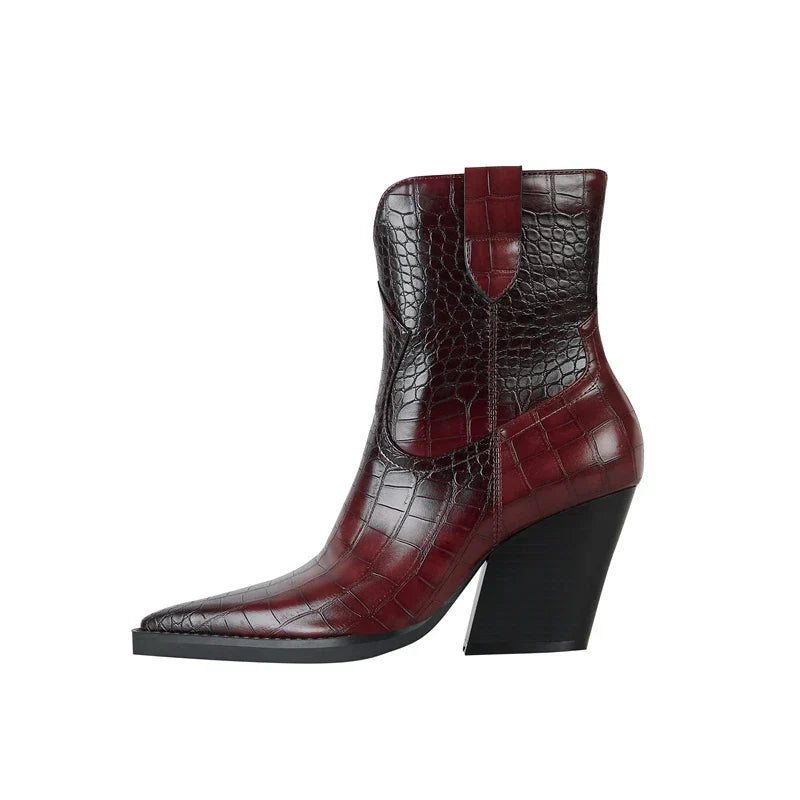 Santiag mi-haute marron foncé Synthétique Femme - Bout pointu, croco, talon incliné
