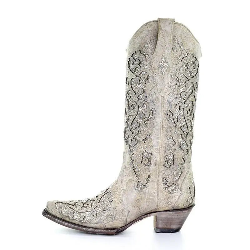 Santiag mi-haute beige Synthétique Femme - Broderies, ornements
