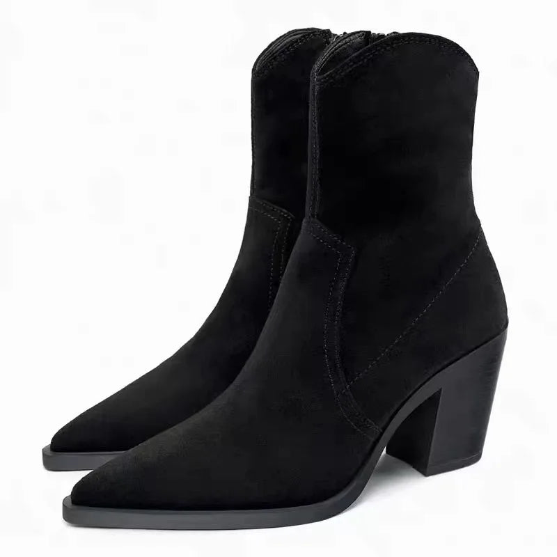 Santiag mi-haute noir Daim Femme - Talon carré, bout pointu