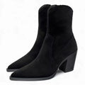 Santiag mi-haute noir Daim Femme - Talon carré, bout pointu