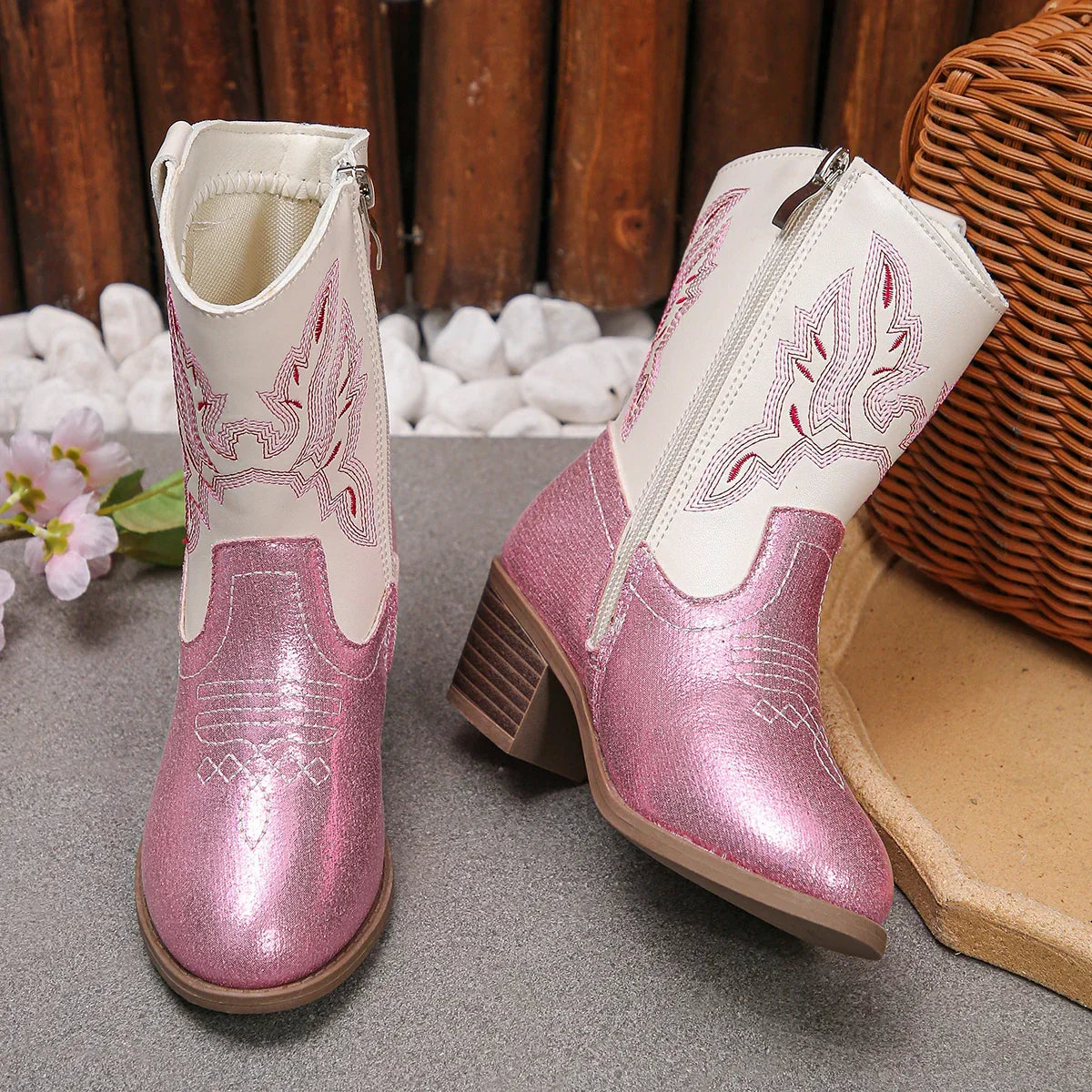 Santiag basse rose à paillettes Synthétique Fille - Broderies western