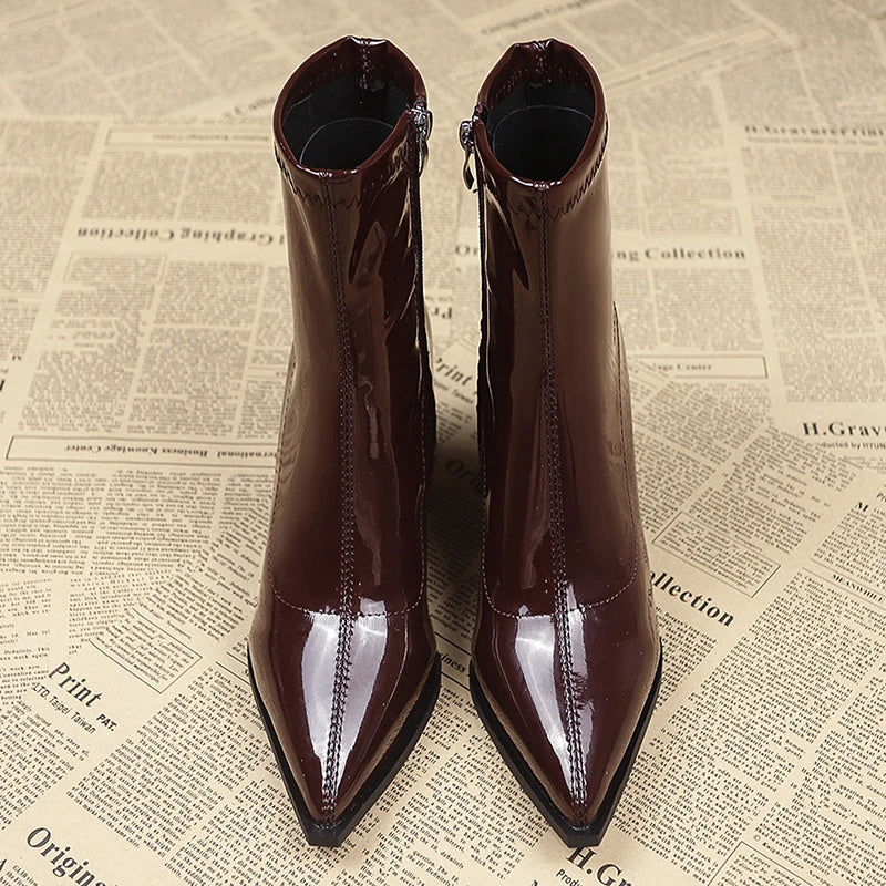 Bottine à talon marron Synthétique Femme - Verni, style cowboy