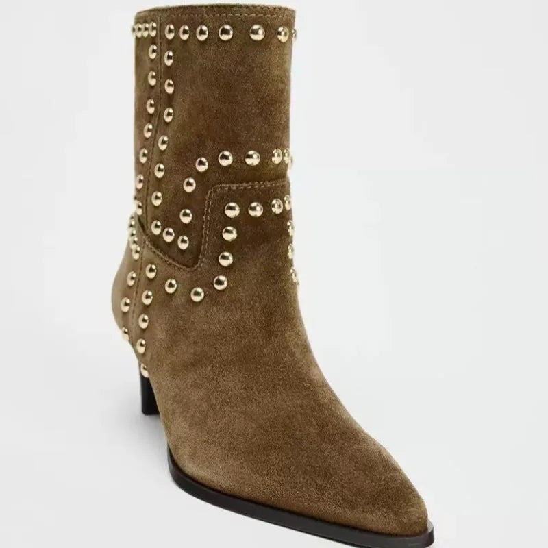 Santiag mi-haute marron Daim Femme - Clous dorés géométriques