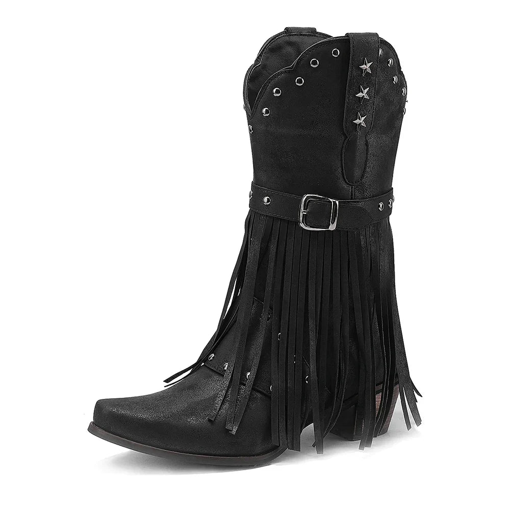 Santiag mi-haute noir Simili Cuir Femme - Franges, étoiles