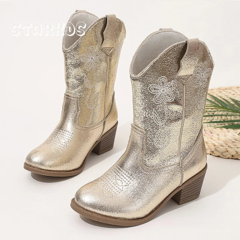 Santiag haute dorée Simili Cuir Fille - Broderies florales
