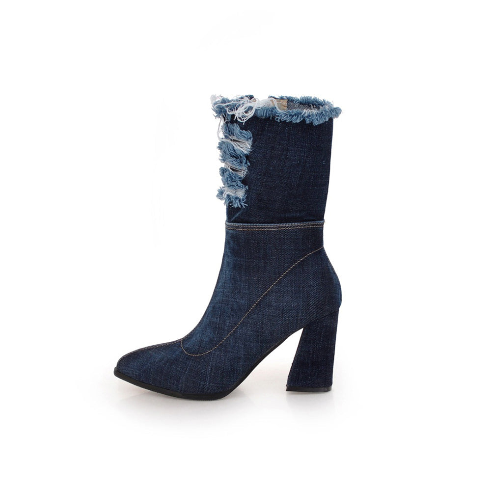 Botte haute bleu Synthétique Femme - Effet denim effiloché