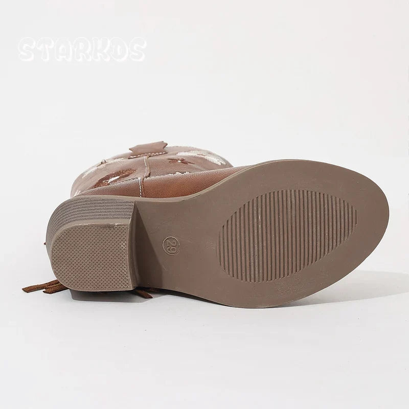 Santiag mi-haute marron Simili Cuir Fille - Broderies florales, franges