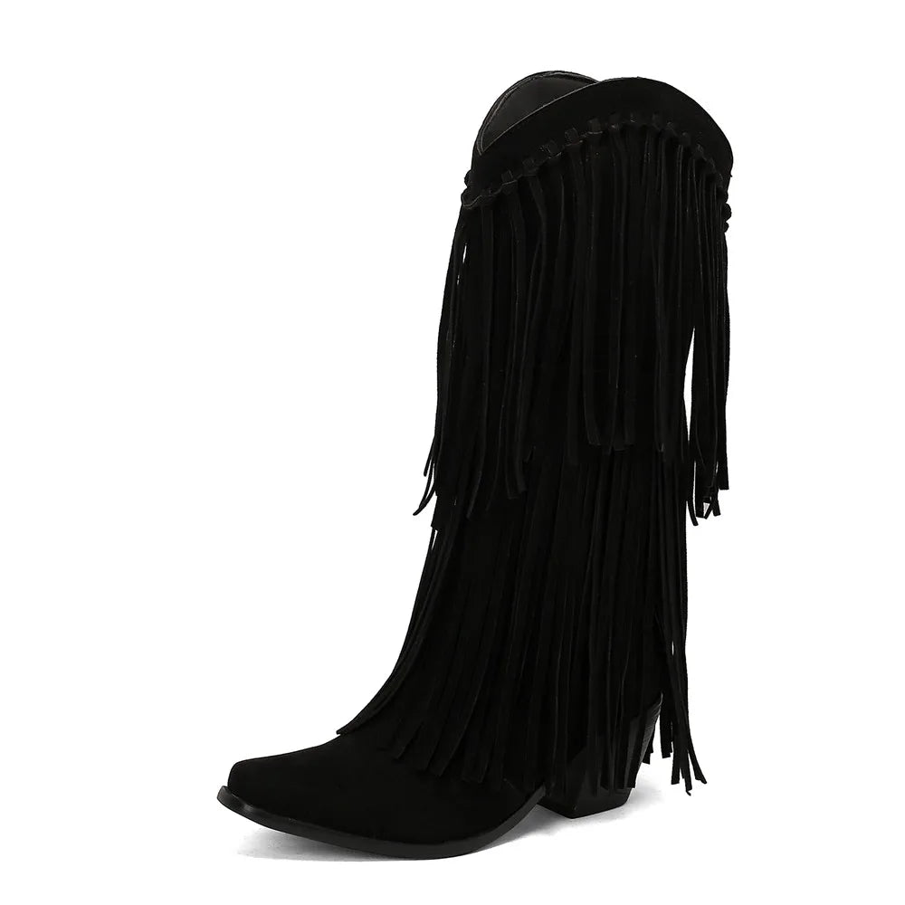 Santiag haute noir Daim Femme - Franges longues, bout pointu