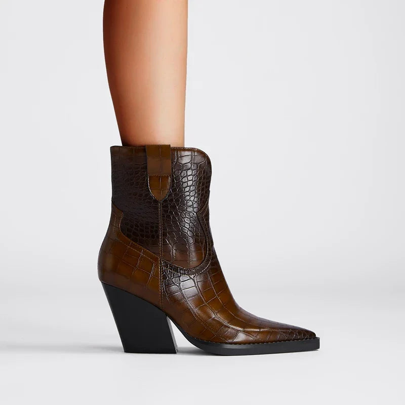 Santiag mi-haute marron foncé Synthétique Femme - Motif crocodile, talon incliné