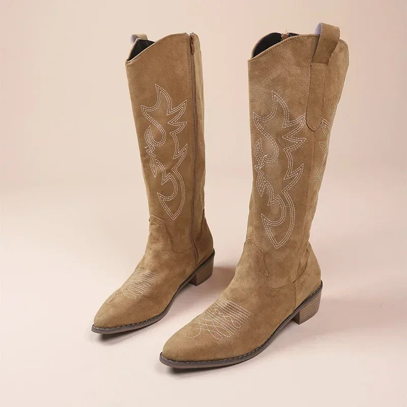 Santiag haute camel Daim Femme - Broderies florales