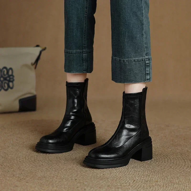 Bottine haute noir Simili Cuir Femme - Talon carré