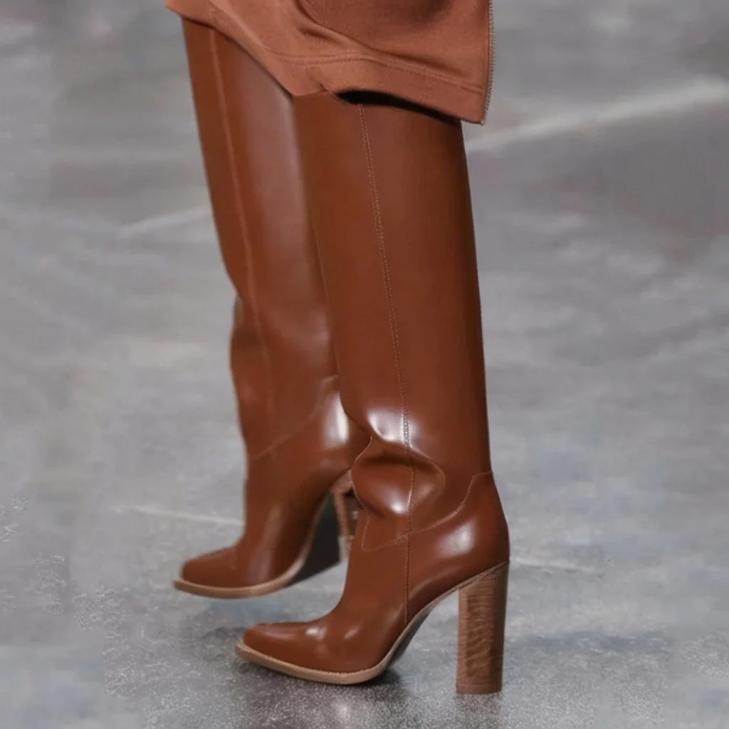 Botte haute marron Synthétique Femme - Talon bois, découpe western