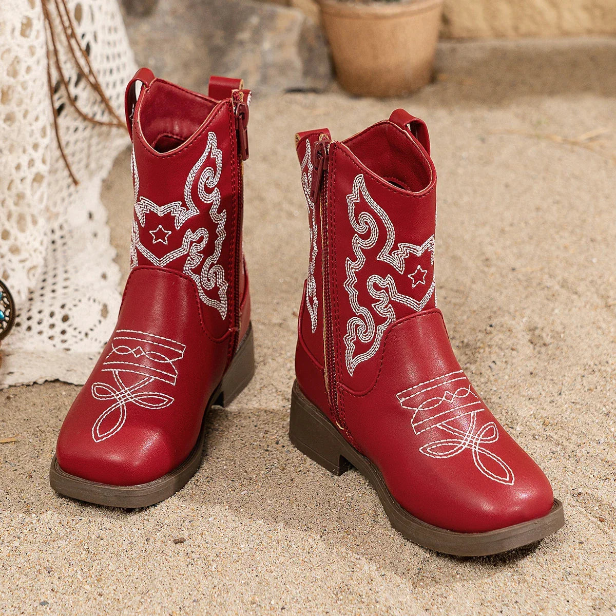 Santiag mi-haute rouge Cuir Fille - Broderies, style cowboy