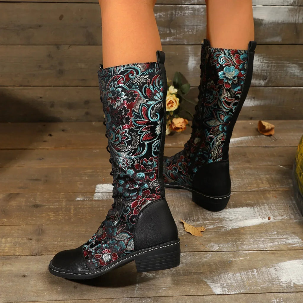 Botte haute multicolore Simili Cuir Femme - Broderies florales
