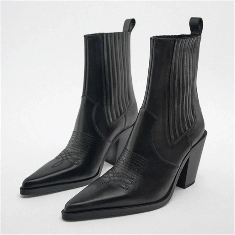 Santiag mi-haute noir Cuir Femme - Bout pointu, talon carré