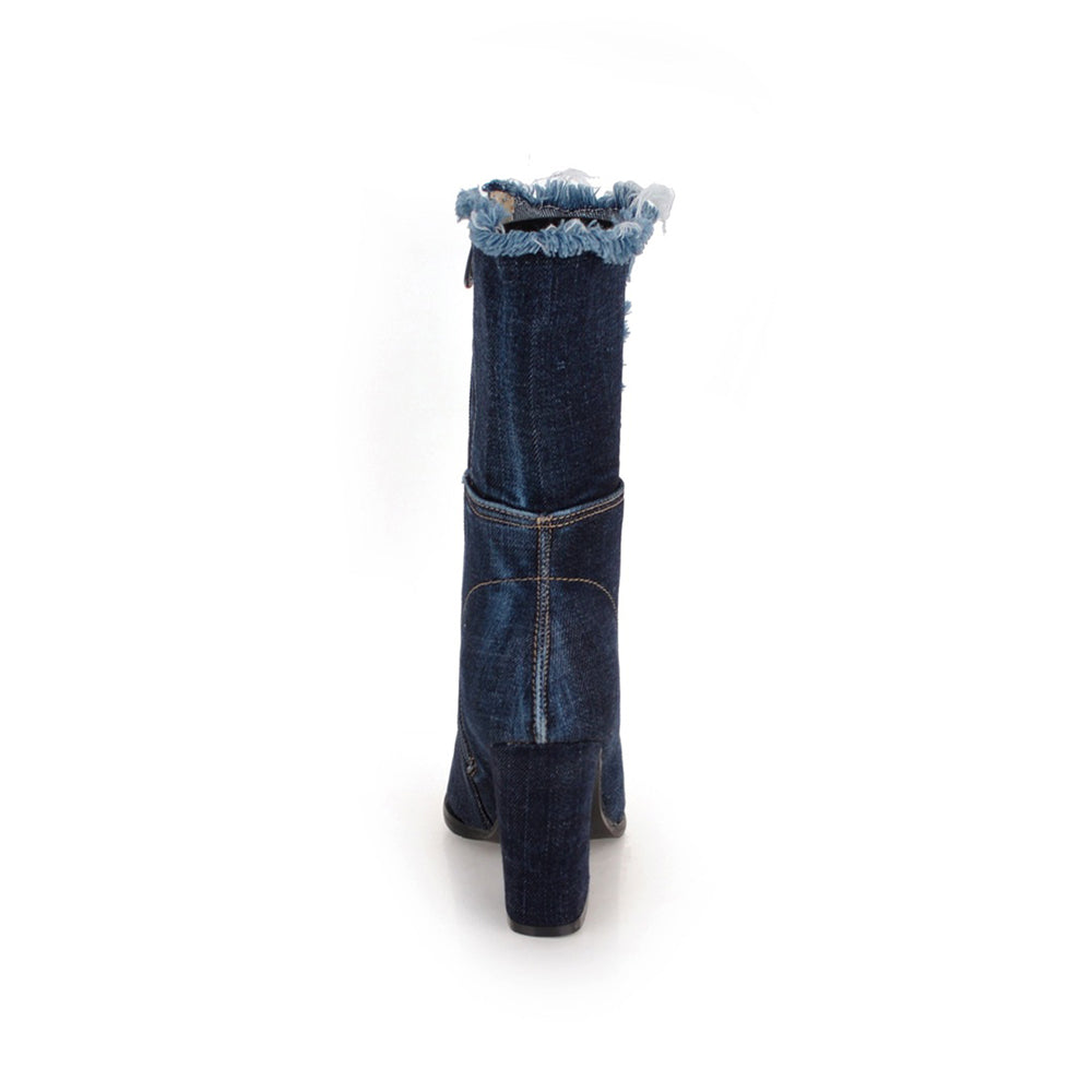 Botte haute bleu Synthétique Femme - Effet denim effiloché